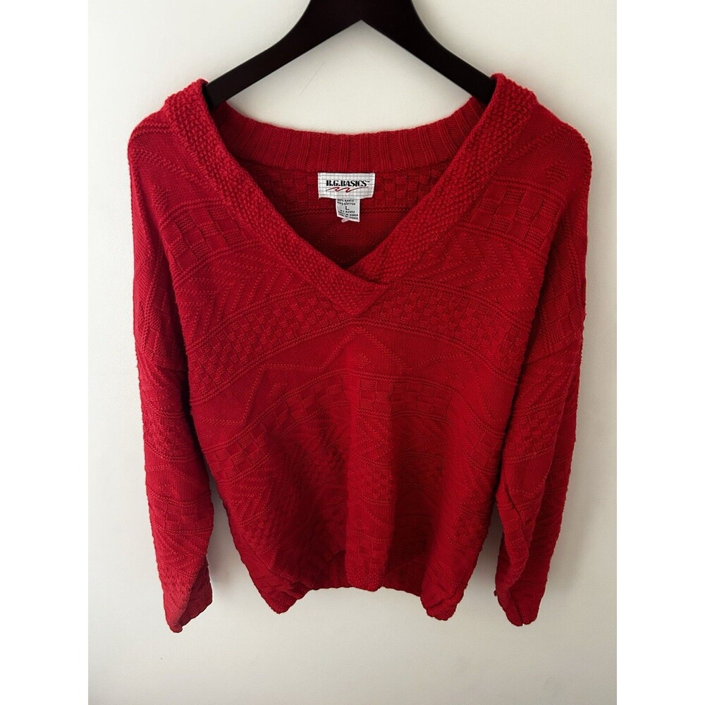 RG Basics Red Fisherman Knit Sweater V Neck Nautical Coastal Large Ramie Cotton
